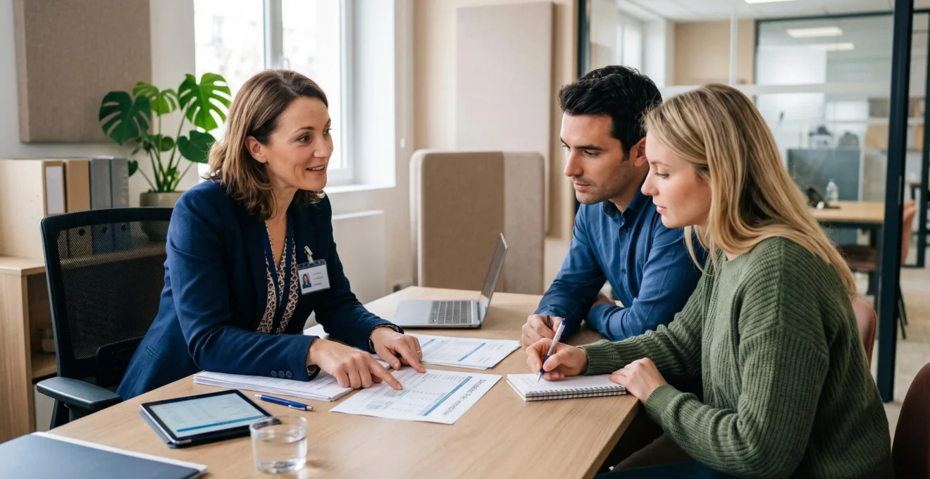 Un conseiller bancaire présente des documents de prêt immobilier à un couple d'emprunteurs potentiels lors d'une consultation dans un bureau bancaire moderne