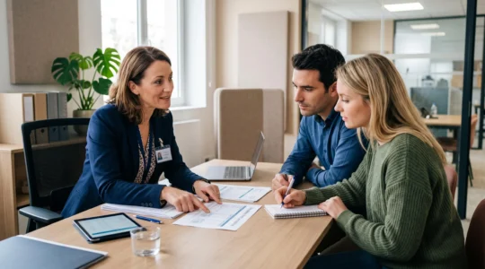 Un conseiller bancaire présente des documents de prêt immobilier à un couple d'emprunteurs potentiels lors d'une consultation dans un bureau bancaire moderne