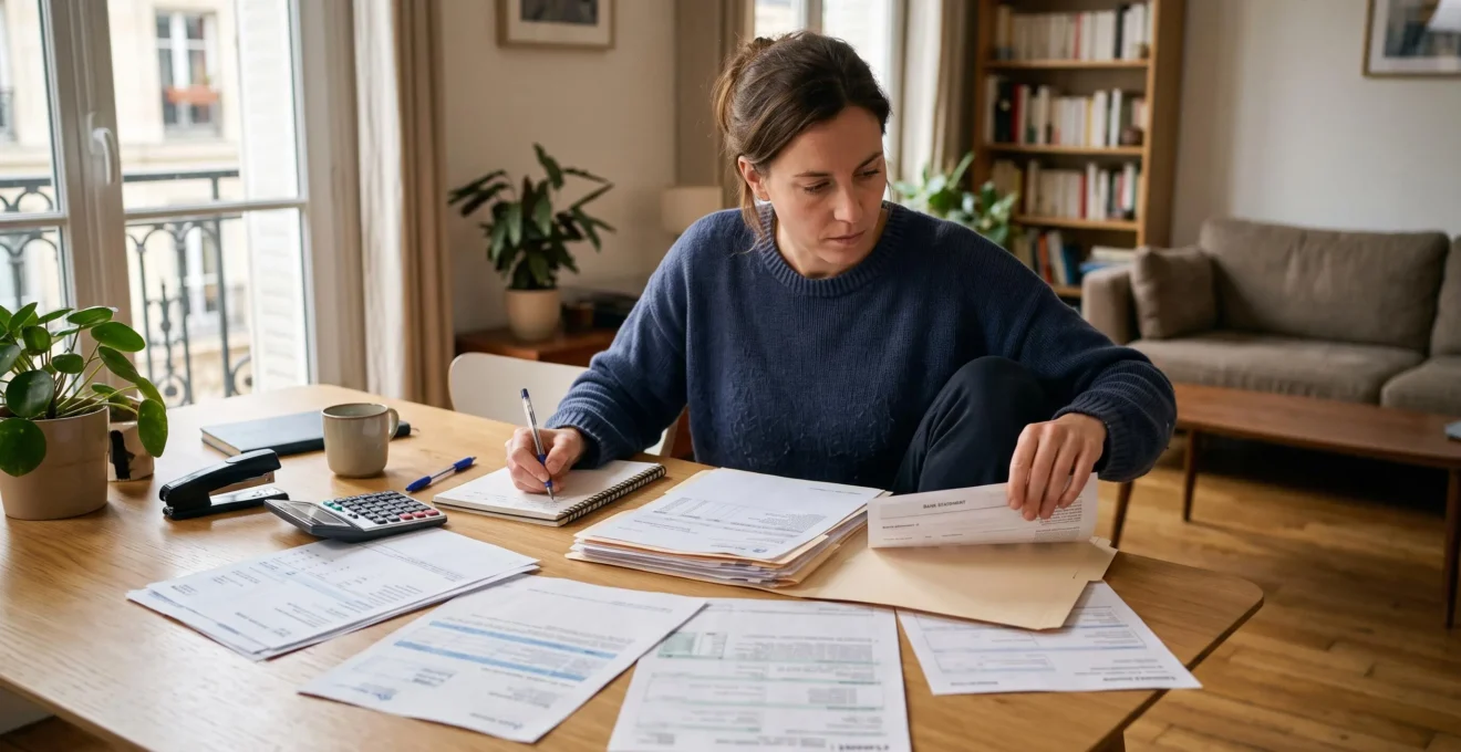 Une personne organise méthodiquement des documents financiers à domicile pour préparer un dossier de prêt immobilier