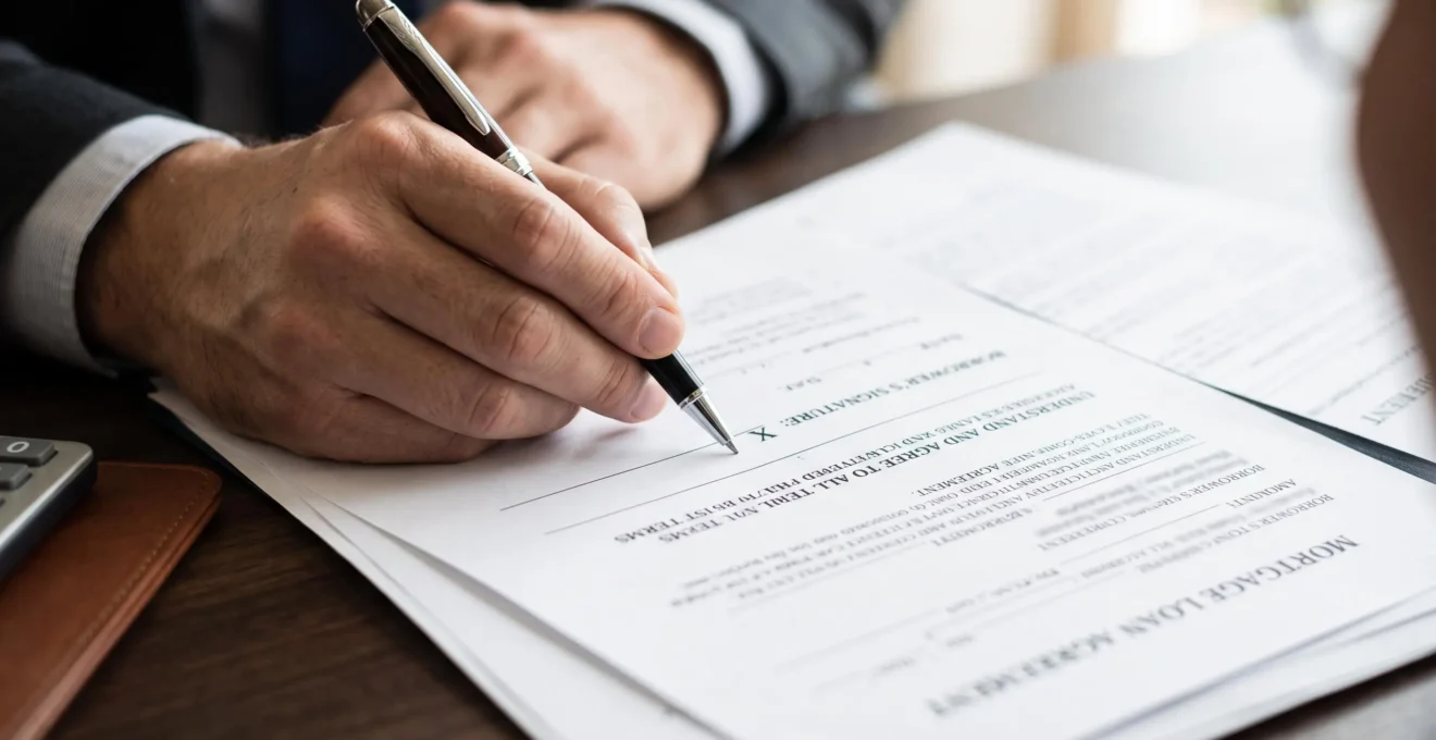 Gros plan sur une main tenant un stylo au-dessus de documents de prêt immobilier lors de la phase de vérification finale